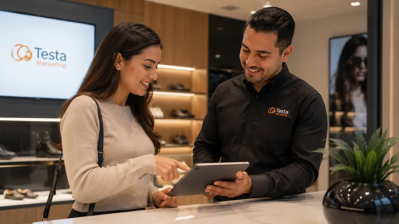 Cliente y vendedor revisando una tableta en el piso de una tienda