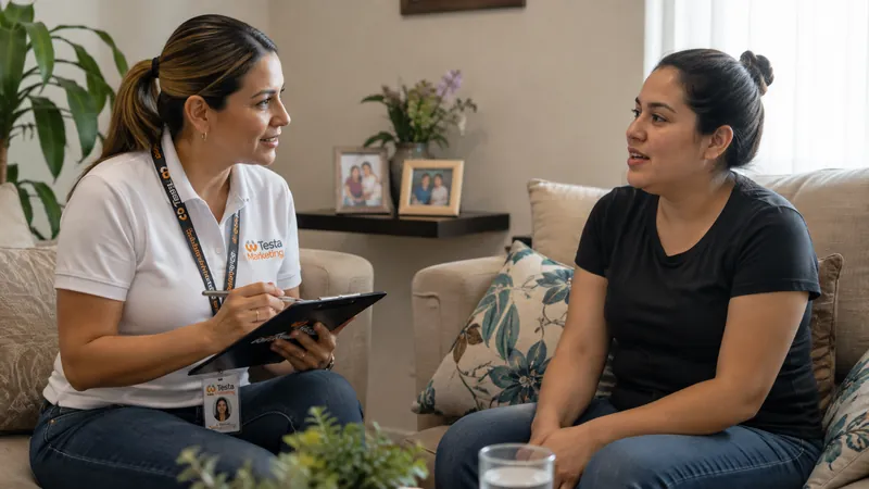 Entrevistadora de Testa conversando con una consumidora en su casa