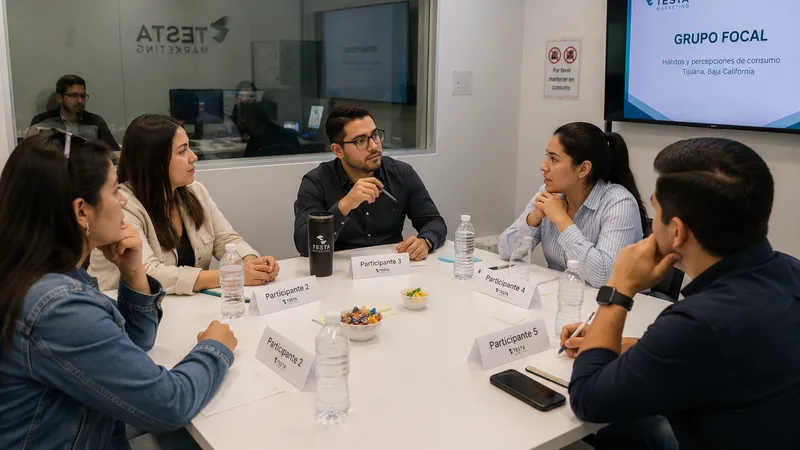 Sesión de grupo focal alrededor de una mesa, con moderador y participantes