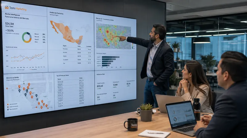 Analistas frente a un tablero con el mapa de México y participación de mercado