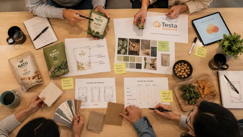 Mesa con prototipos de empaque, muestras de producto y fichas de evaluación